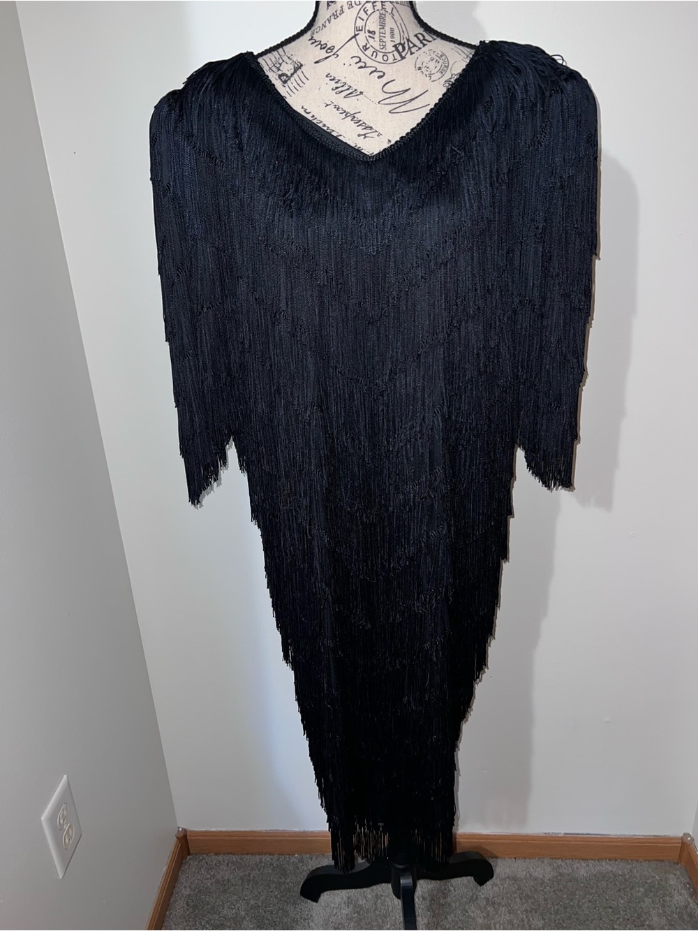 VTG Chez California Designed by Tandy Black Fringe Flapper Midi Dress Plus 26W